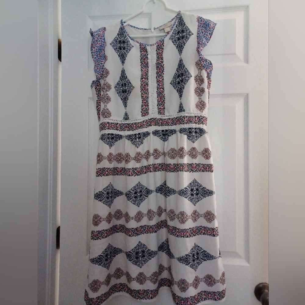 Loft By Ann Taylor Womens Size L  White and Blue & Red Floral Dress